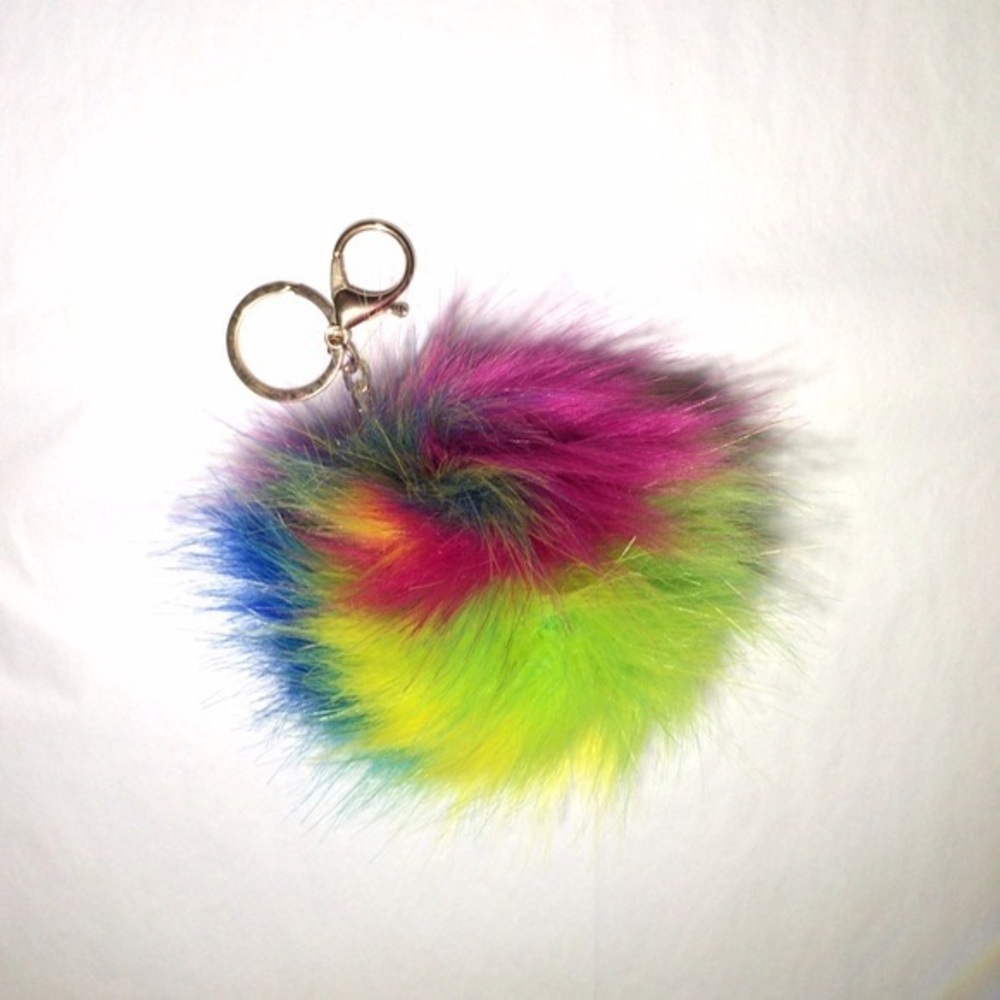 Lane Bryant Rainbow Faux Fur Pom Keychain with Gold Hardware
